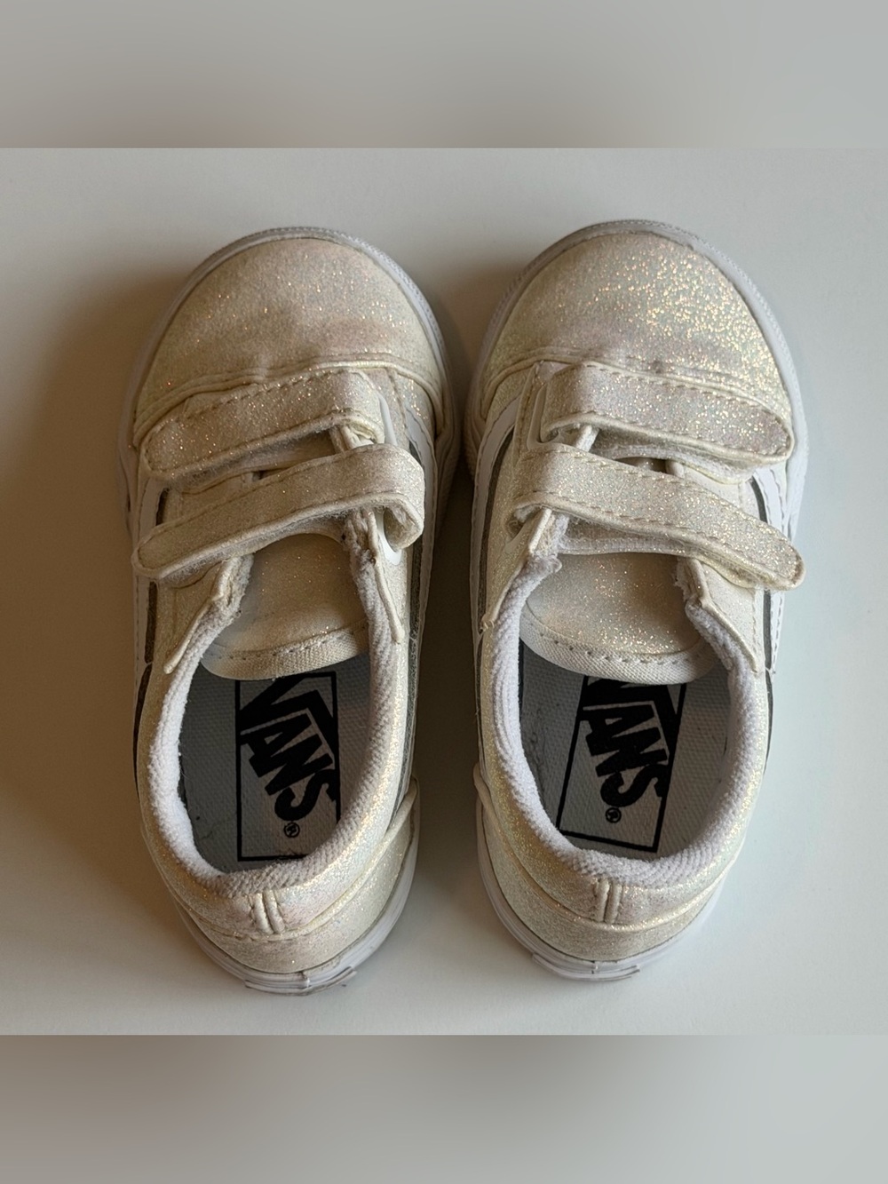 Vans Old Skool V White Iridescent Glitter Shoes Toddler Size 7 Hook & Loop - Picture 4 of 7